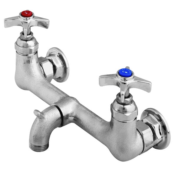 A T&S chrome service sink faucet with 4-arm handles and red and blue accents.
