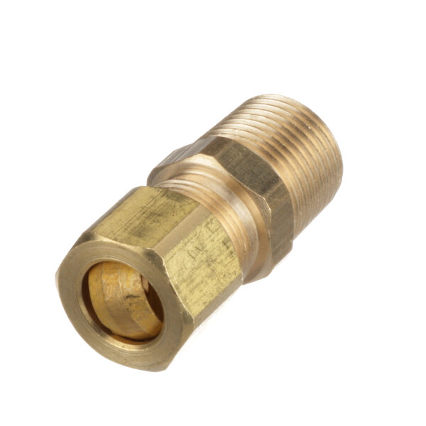 A brass threaded male connector with a gold nut.