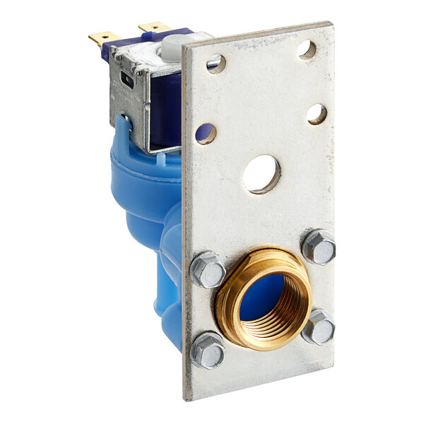 A blue and gold Scotsman water inlet solenoid valve with a brass nut.