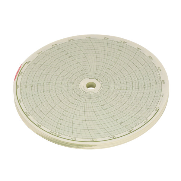 A circular Groen time recorder sheet with text and a hole in the center.