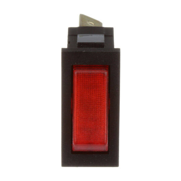 A red lighted rocker switch with a black cover.
