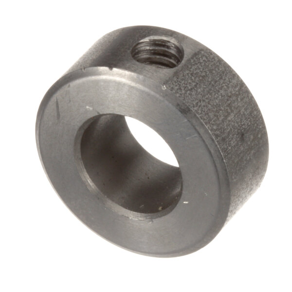 A close-up of a metal threaded ring with an open end.