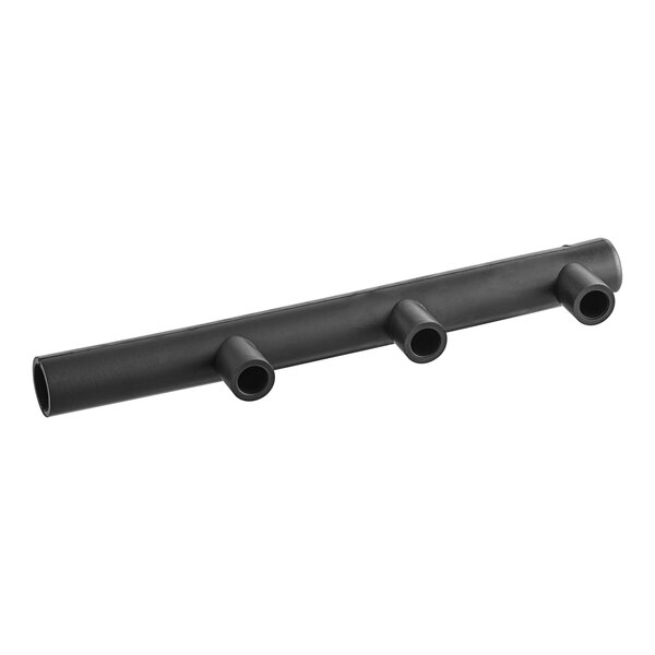 A black pipe with three holes and a black object with two holes on it.