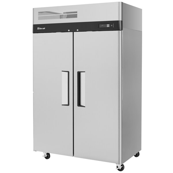 A silver Turbo Air M3 reach-in refrigerator with black handles.
