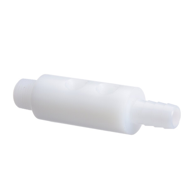 A close up of a white plastic tube with holes.