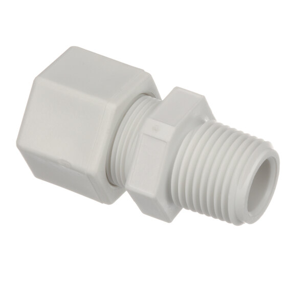 A close-up of a white plastic Champion pipe fitting with white threads.