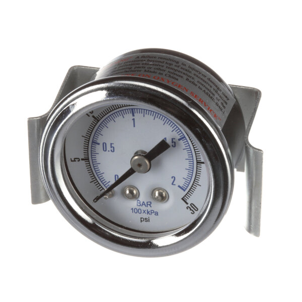 A close-up of a Cleveland pressure gauge with white panel.