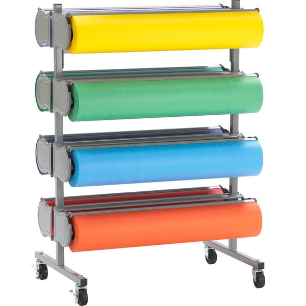 A multi colored rolls of paper on a Bulman metal rack.