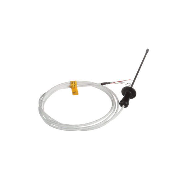 A white cable with a black handle and a yellow wire attached to it.