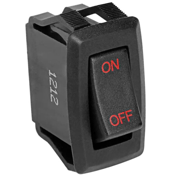 A black APW Wyott rocker switch with red text reading "on off."