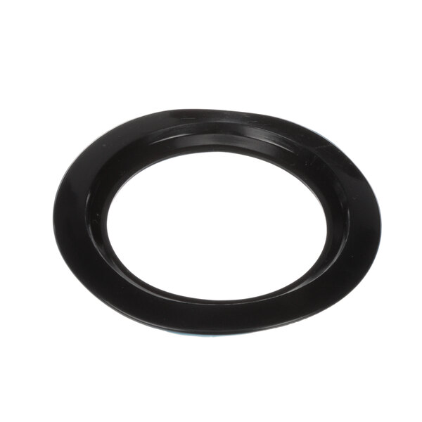 A black circular object with a white background.