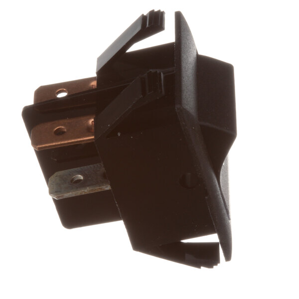 A close-up of a black Blodgett Rocker Switch with two wires on it.