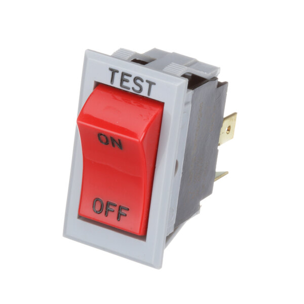 A red rocker switch with black text that reads "test"