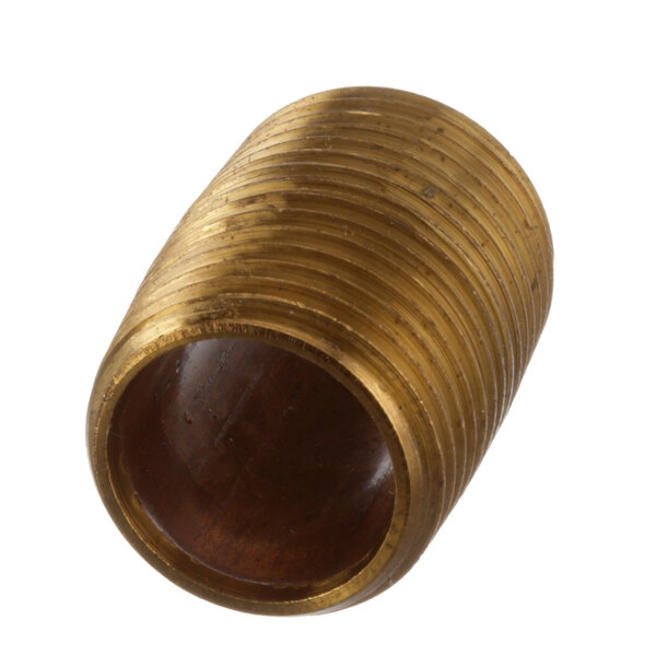 A close-up of a brass Blakeslee nipple threaded pipe fitting.