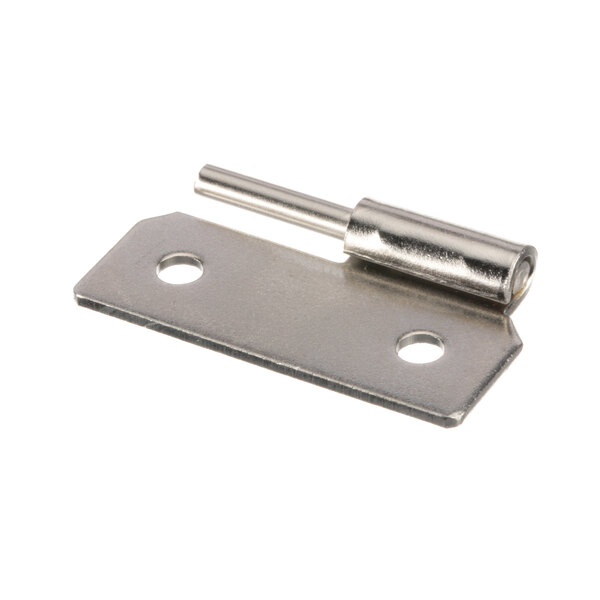 A stainless steel Southbend male hinge with holes in the metal.