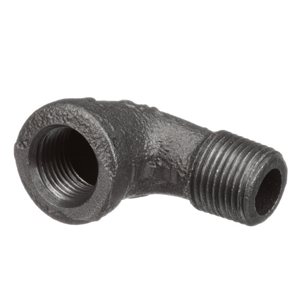 A Blakeslee black metal street elbow for a black pipe with a nut.