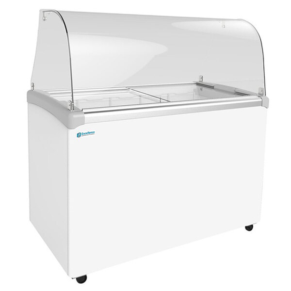 A white Excellence curved glass ice cream dipping cabinet with clear glass cover.