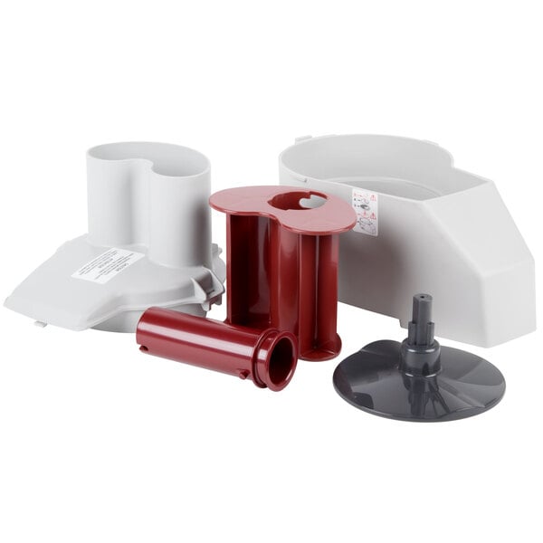 A white and red plastic Robot Coupe Vegetable Prep Attachment kit.
