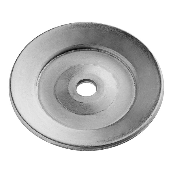 A silver metal round washer with a hole in the center.