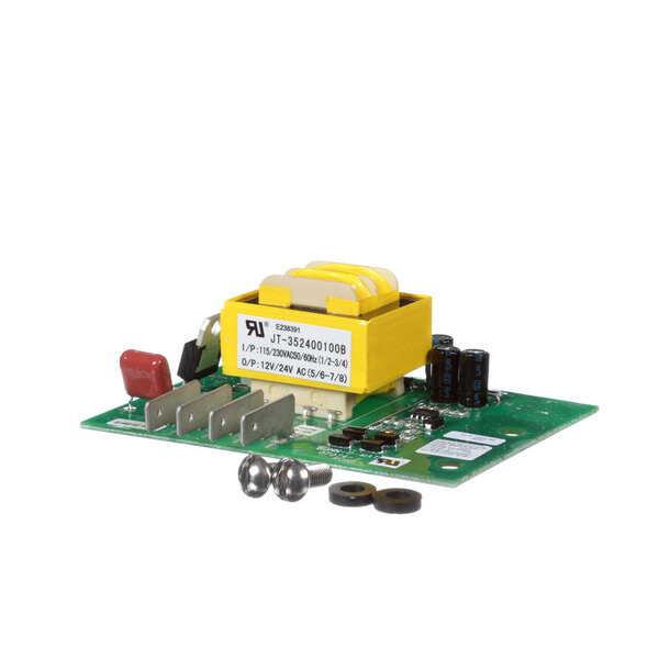 The power supply board for a Bunn Liquid Level Control with a green circuit board, yellow box, and screws.