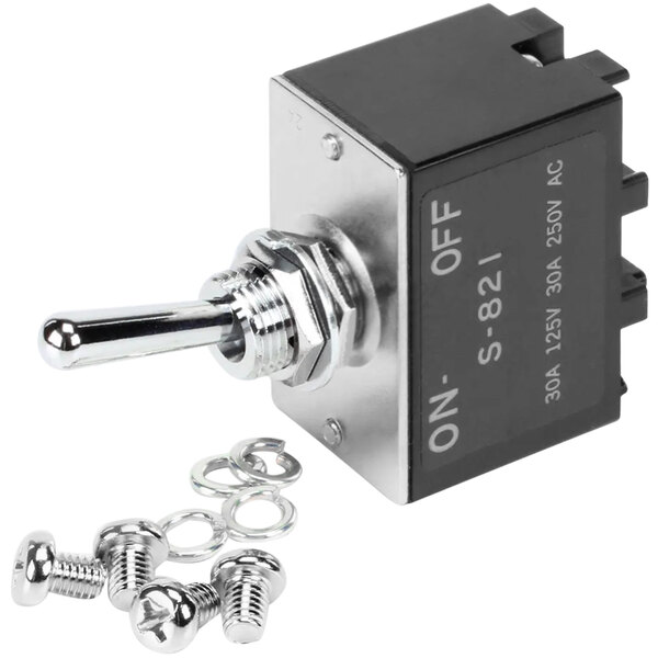 A black and silver APW Wyott toggle switch with screws and nuts.