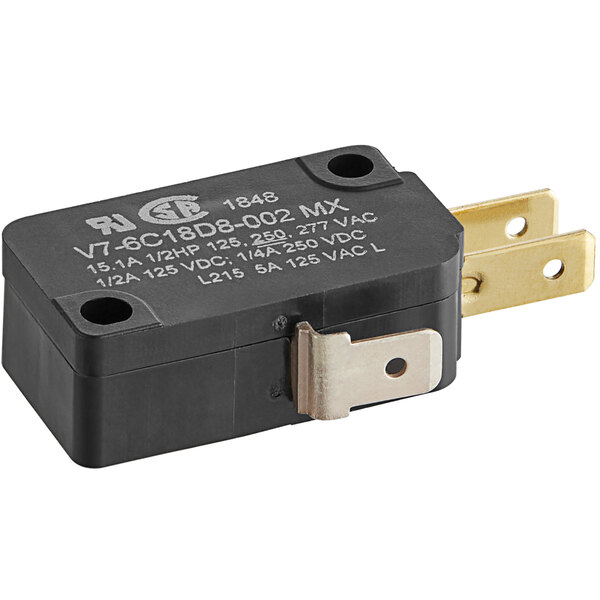 A black electronic micro switch with a metal clip and gold electrical connectors.