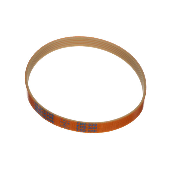 An orange and black rubber belt with a close-up of a rubber band.