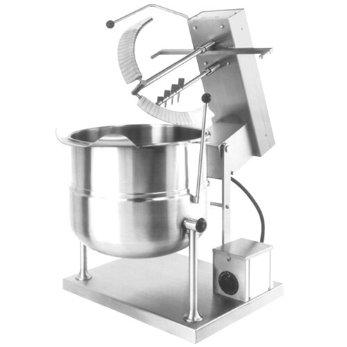 A Cleveland 12 gallon metal steam jacketed mixer kettle with a metal structure and lid.