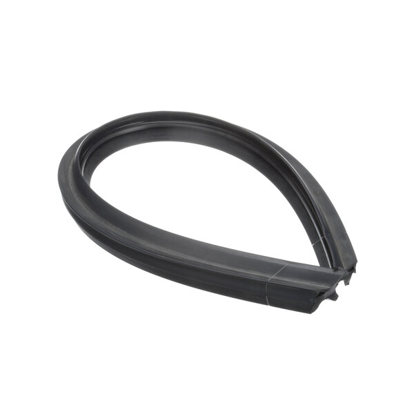A black rubber band with a ring shape on a white background.