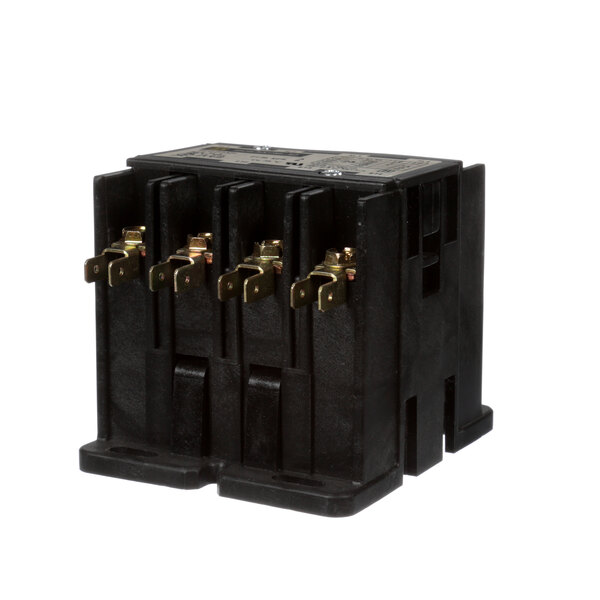 A black Blakeslee contactor with gold wires on metal parts.