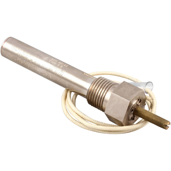 A silver metal Frymaster MJ35 thermostat assembly with a white cord.