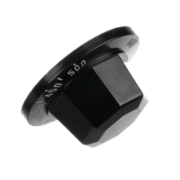 A black plastic knob with white text.