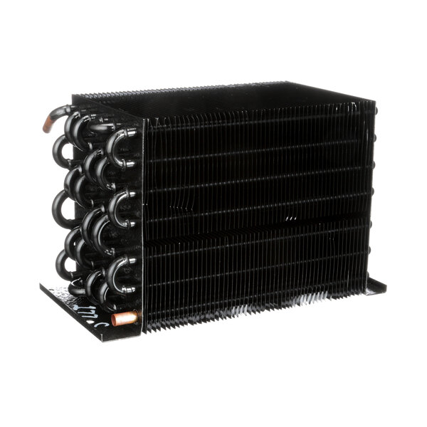 A black metal Beverage-Air evaporator coil with four pipes.