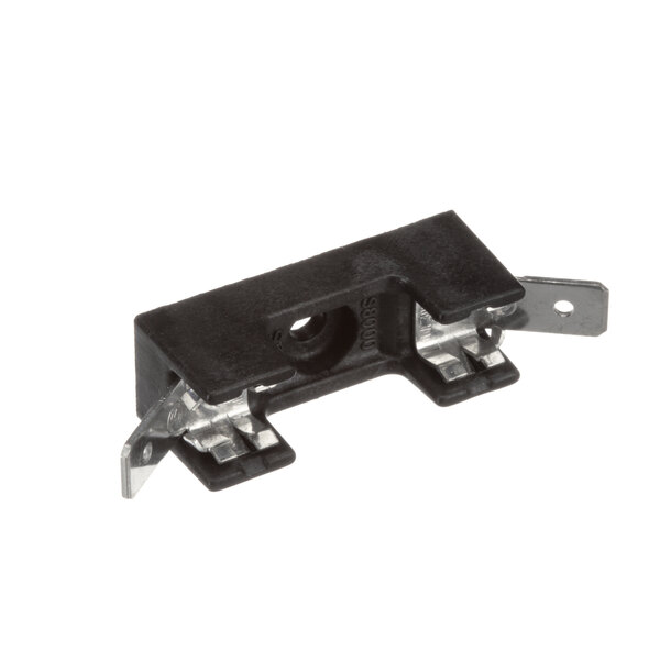 A black plastic Merrychef fuse holder with metal screws.