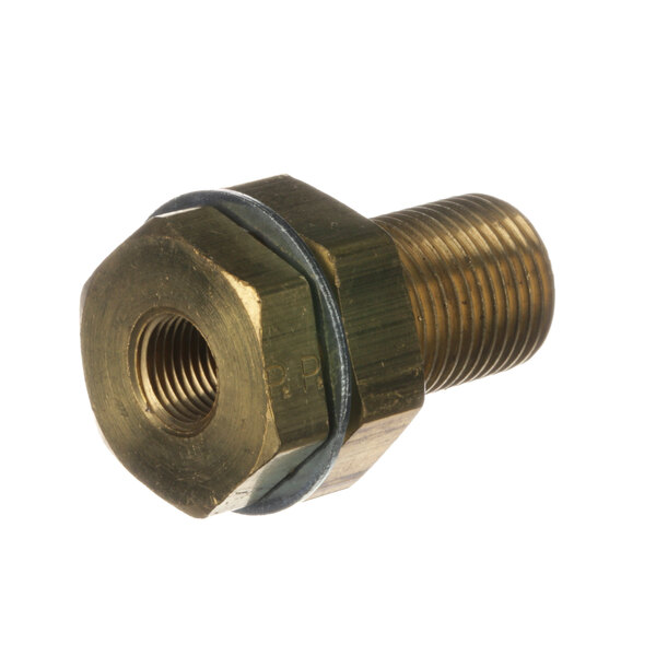 A close-up of a brass terminal bolt with a threaded nut.