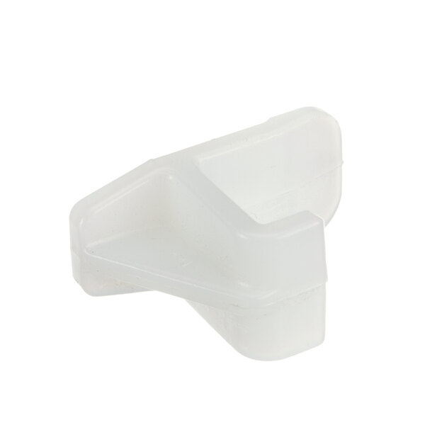 A white plastic Master-Bilt shelf clip with a triangle shape.