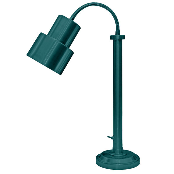 A Hanson Heat Lamp with a verdigris finish and curved pole.