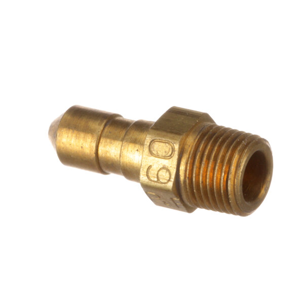 A close-up of a brass threaded orifice fitting.