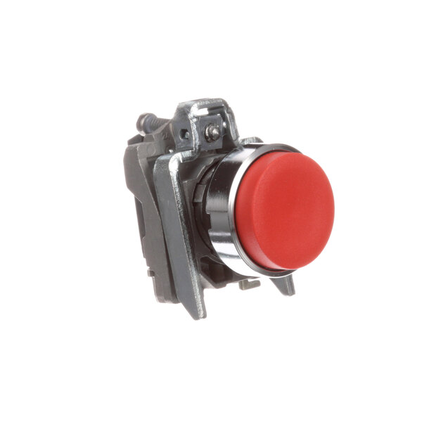A red push button with a metal bracket on a white background.