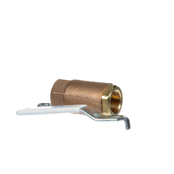 A brass Hatco ball valve with a white handle.