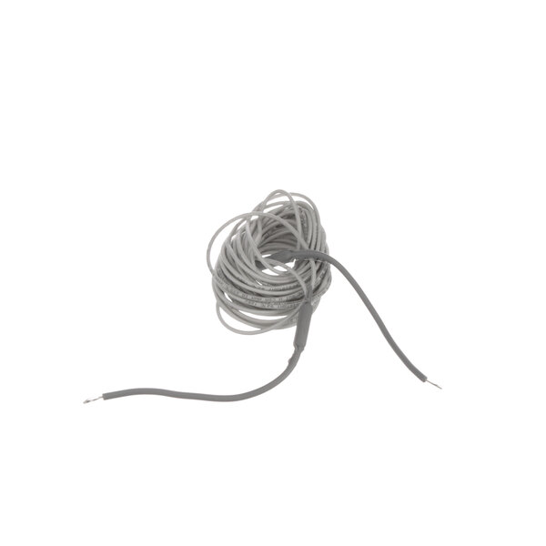 A coil of grey wire with a cord on a white background.