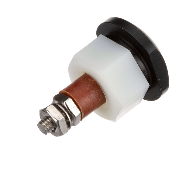 A white and black plastic electrical plug with a white plastic cover.
