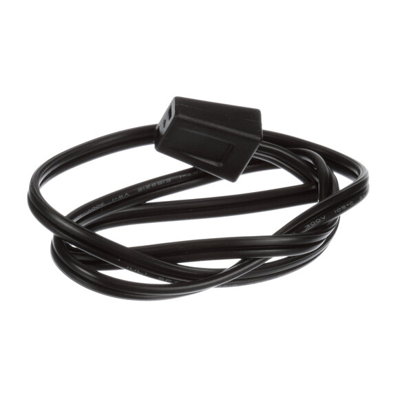A close up of a black Hatco cord with a white connector.