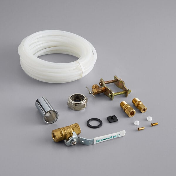 A Nemco ice cream dipper well installation kit with a white plastic tube, a silver metal tube, and a metal nut.