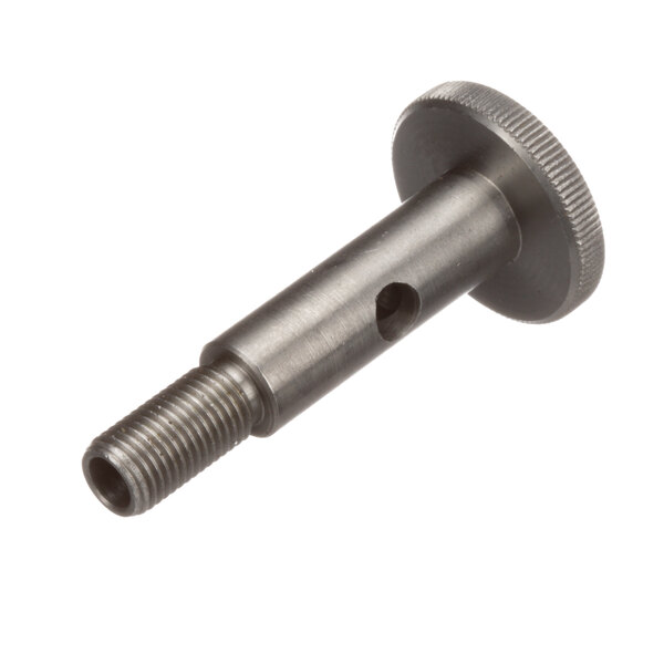 A close-up of a screw with a threaded nut on a white background.