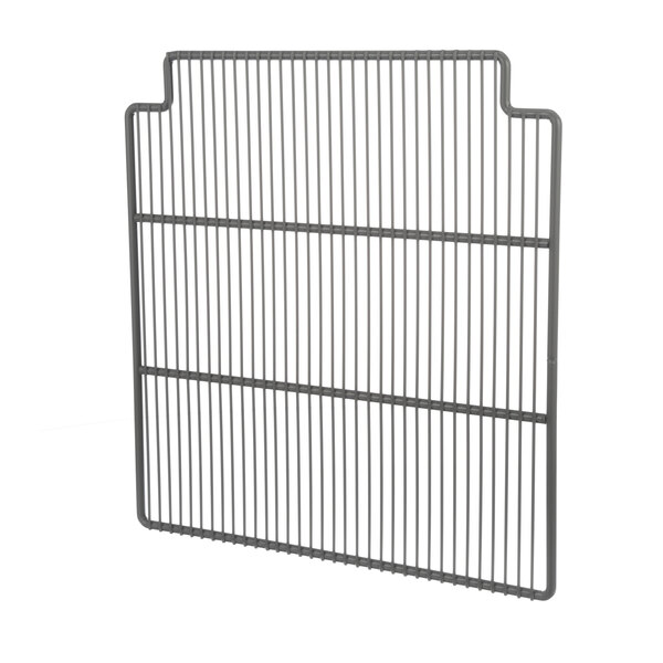 A metal wire shelf with a grid pattern.