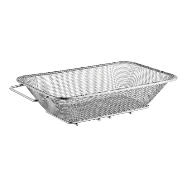 A stainless steel wire mesh tray with handles.