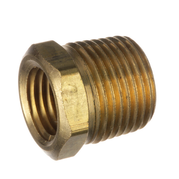 A close-up of a brass threaded bushing with a hole.
