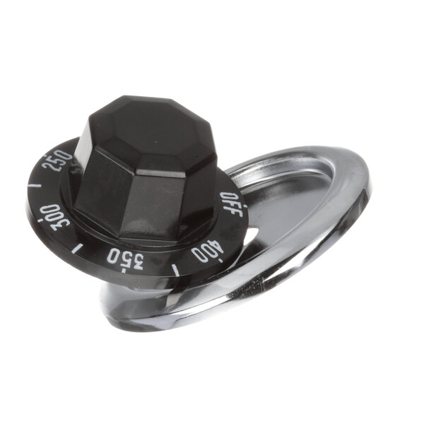 A black knob with a silver ring on top.