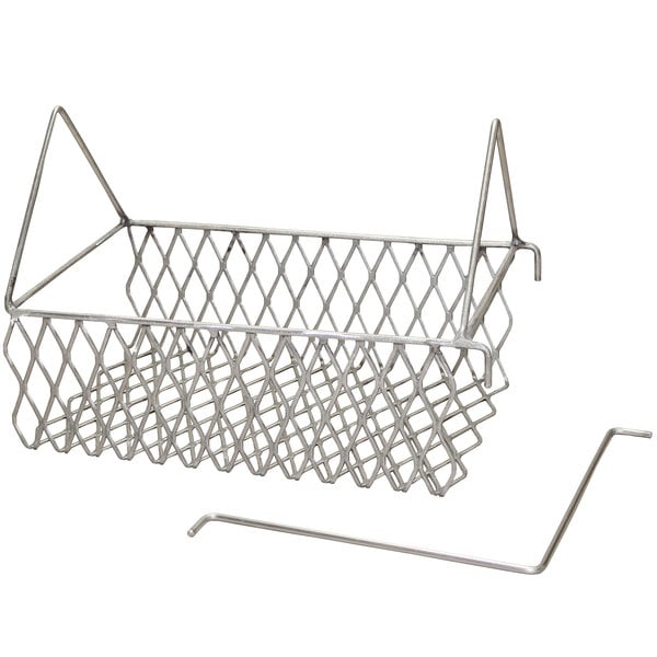 A wire turkey basket with a handle and a hook.